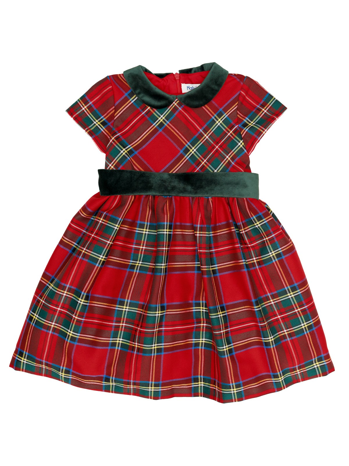 vestito in tartan con cintura e collo in velluto 