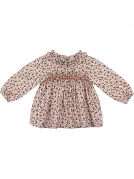 camicia in twill stampato con frill sul collo e smock