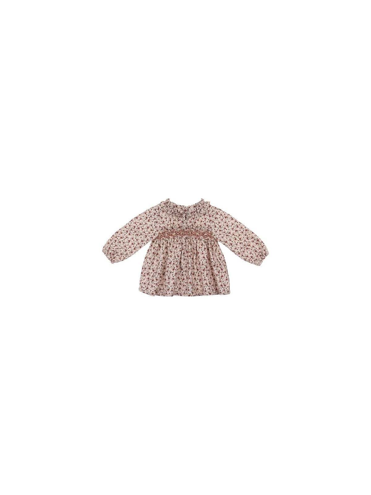 camicia in twill stampato con frill sul collo e smock
