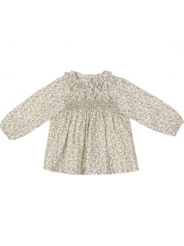 camicia in twill stampato con frill sul collo e smock