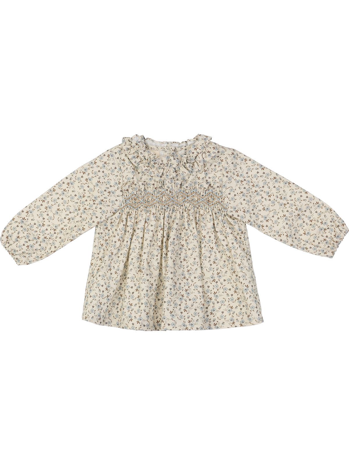 printed twill shirt with frill on collar and smock