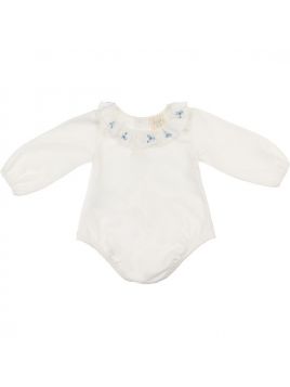 body in jersey con frill e ricamo sul collo