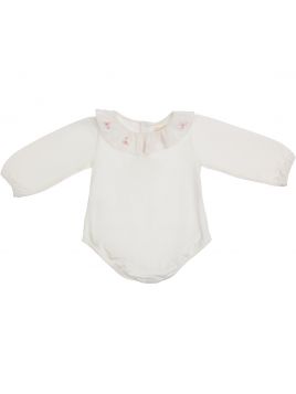 body in jersey con frill e ricamo sul collo