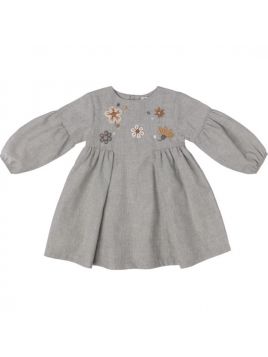 vestito in flanella con fiori ricamati in lana sul carré