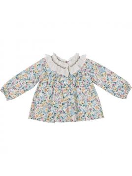 camicia in twill stampato a fiori con frill e ricamo sul collo