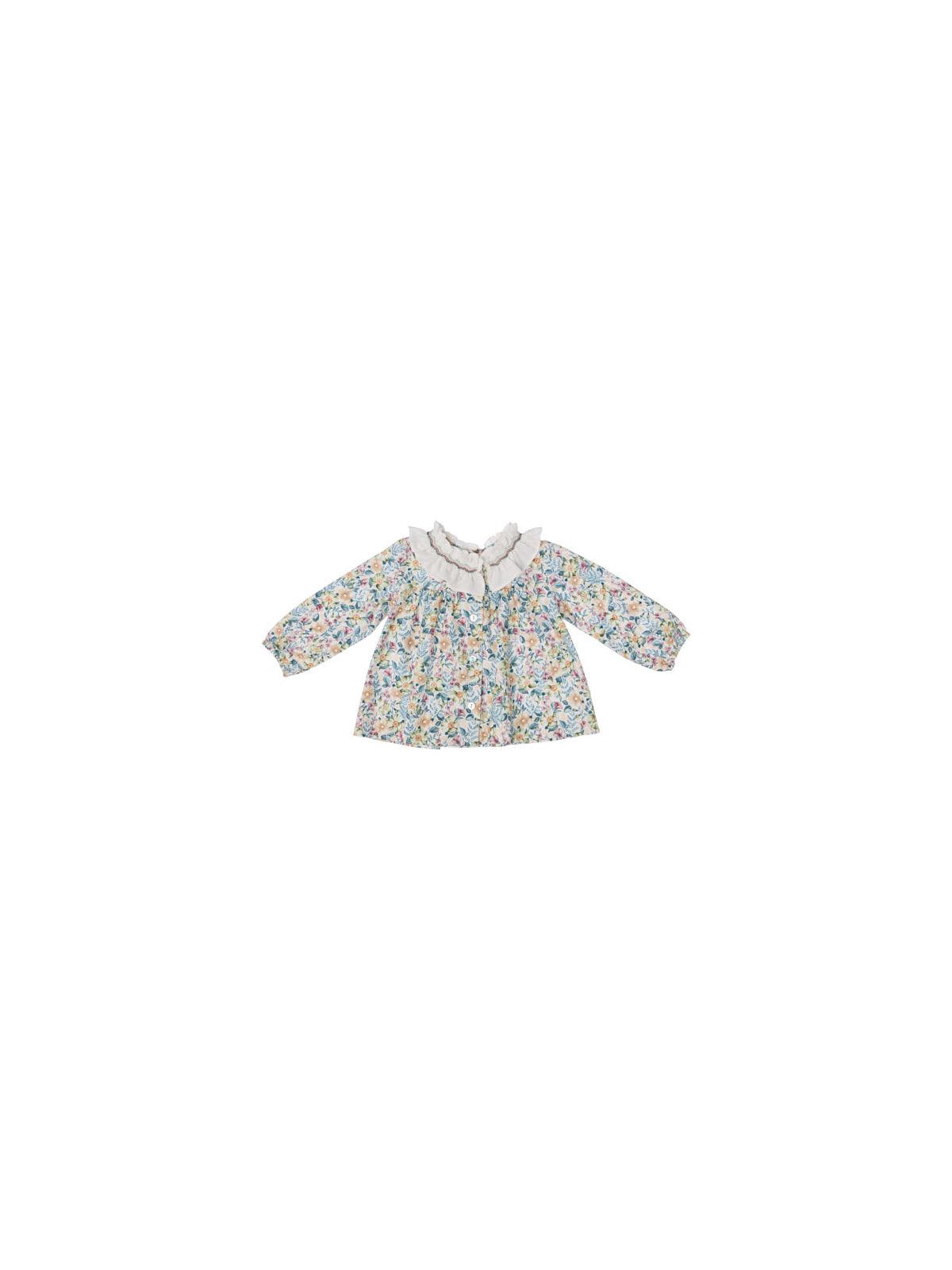 camicia in twill stampato a fiori con frill e ricamo sul collo