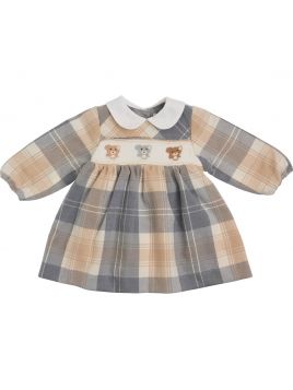 vestito in tartan moda con ricamo smock orsetti e MANICA LUNGA