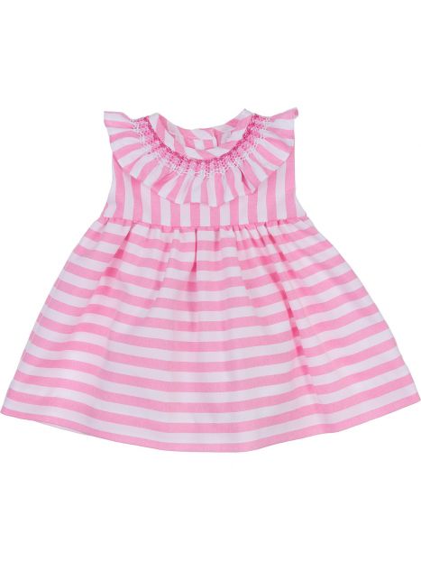 vestito in cotone a righe con frill sul colletto e smock
