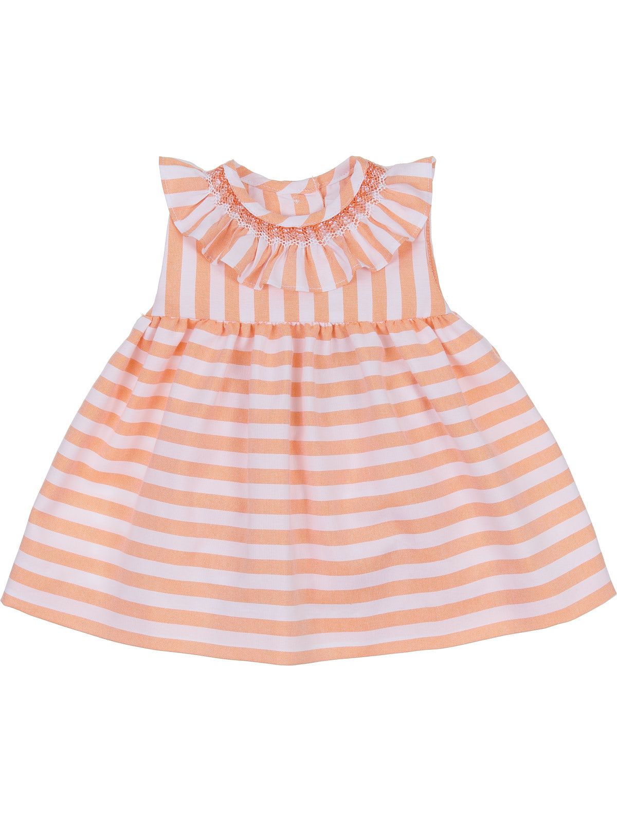 vestito in cotone a righe con frill sul colletto e smock