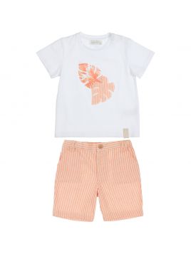 jersey t-shirt with leaves patch + stripes bermuda