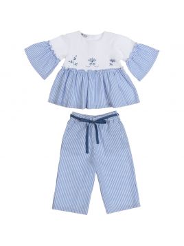 blusa in jersey e righe con ricamo + pantaloni palazzo a righe