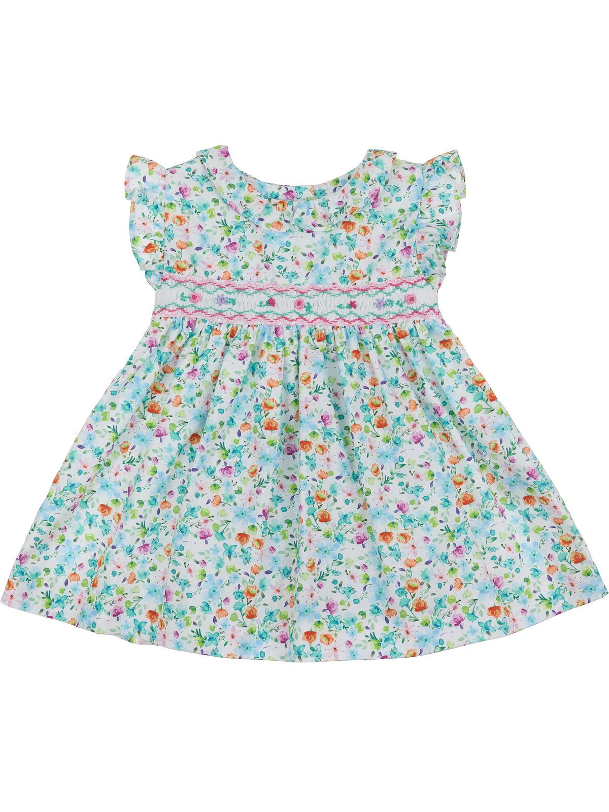 vestito in tessuto stampato con frill e smock