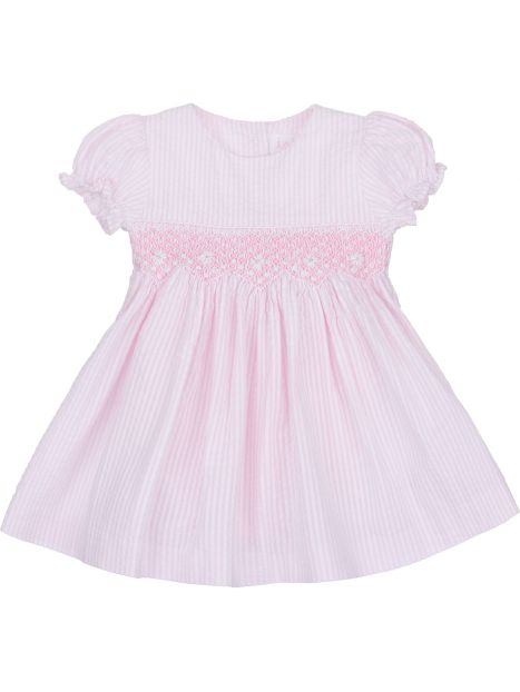 vestito a righe goffrate con smock a MANICA CORTA 
