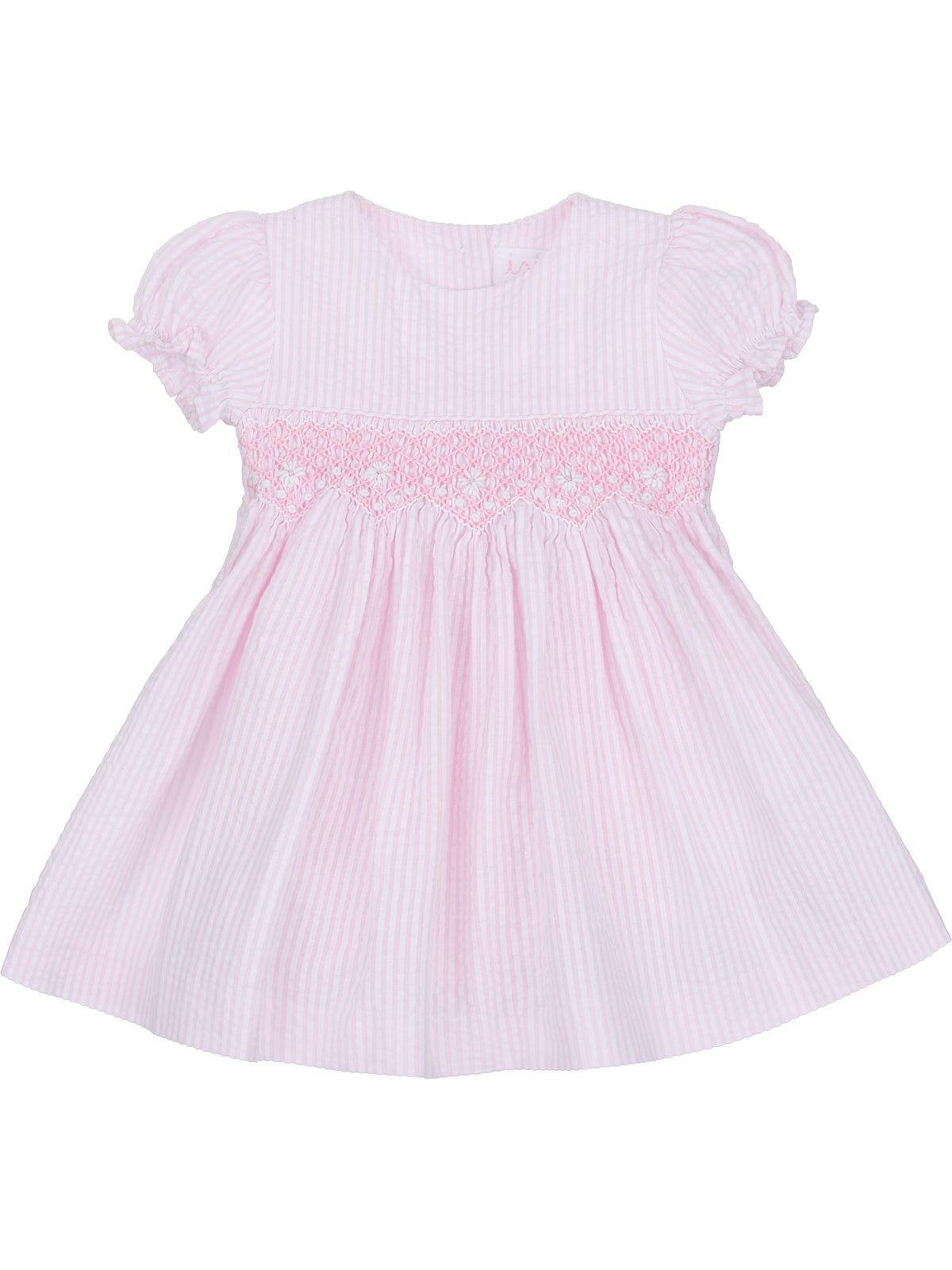 vestito a righe goffrate con smock a MANICA CORTA 