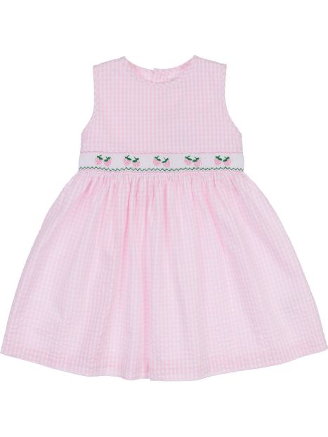 seersucker checks dress with strawberries and smock on tone 