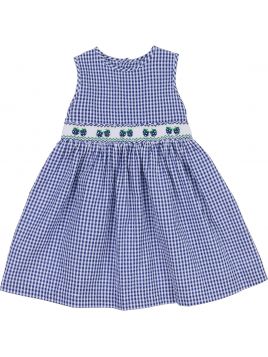 seersucker checks dress with strawberries and smock on tone 