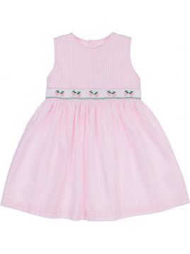 seersucker checks dress with strawberries and smock on tone 