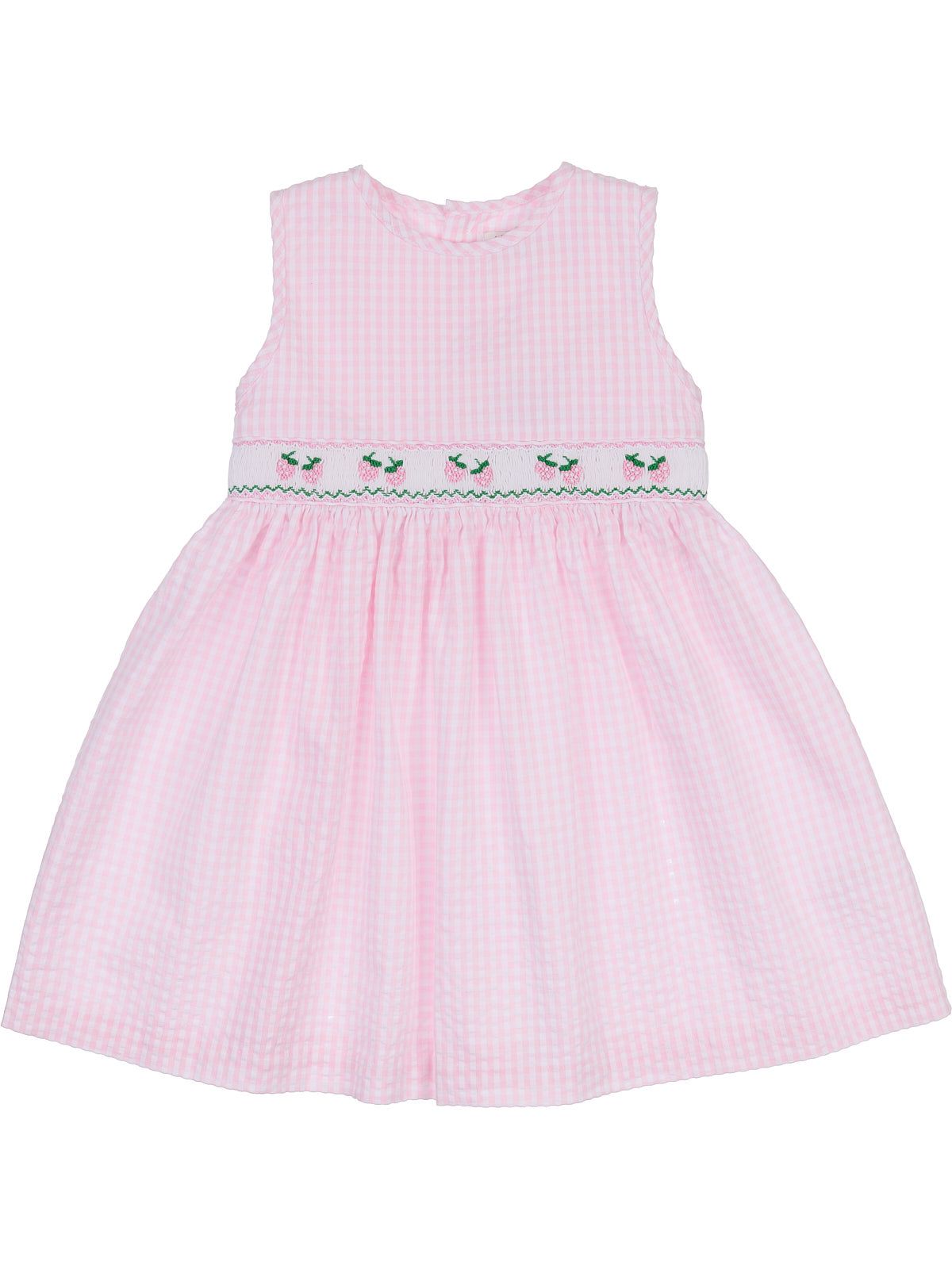 seersucker checks dress with strawberries and smock on tone 