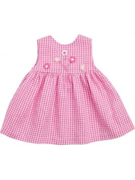 embossed checked dress with crocheted flowers on the bodice