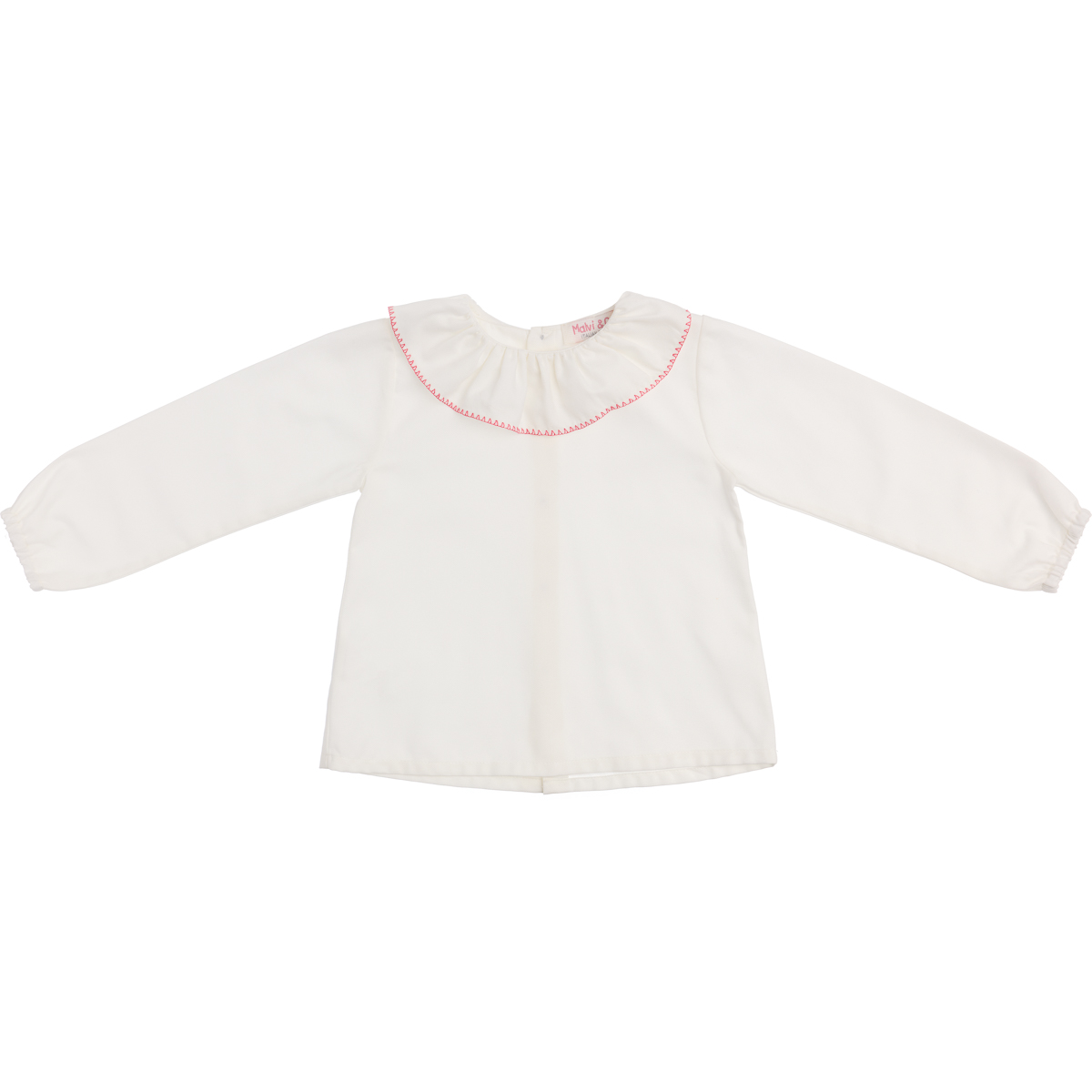camicia in twill con ruche sul collo e ricamo