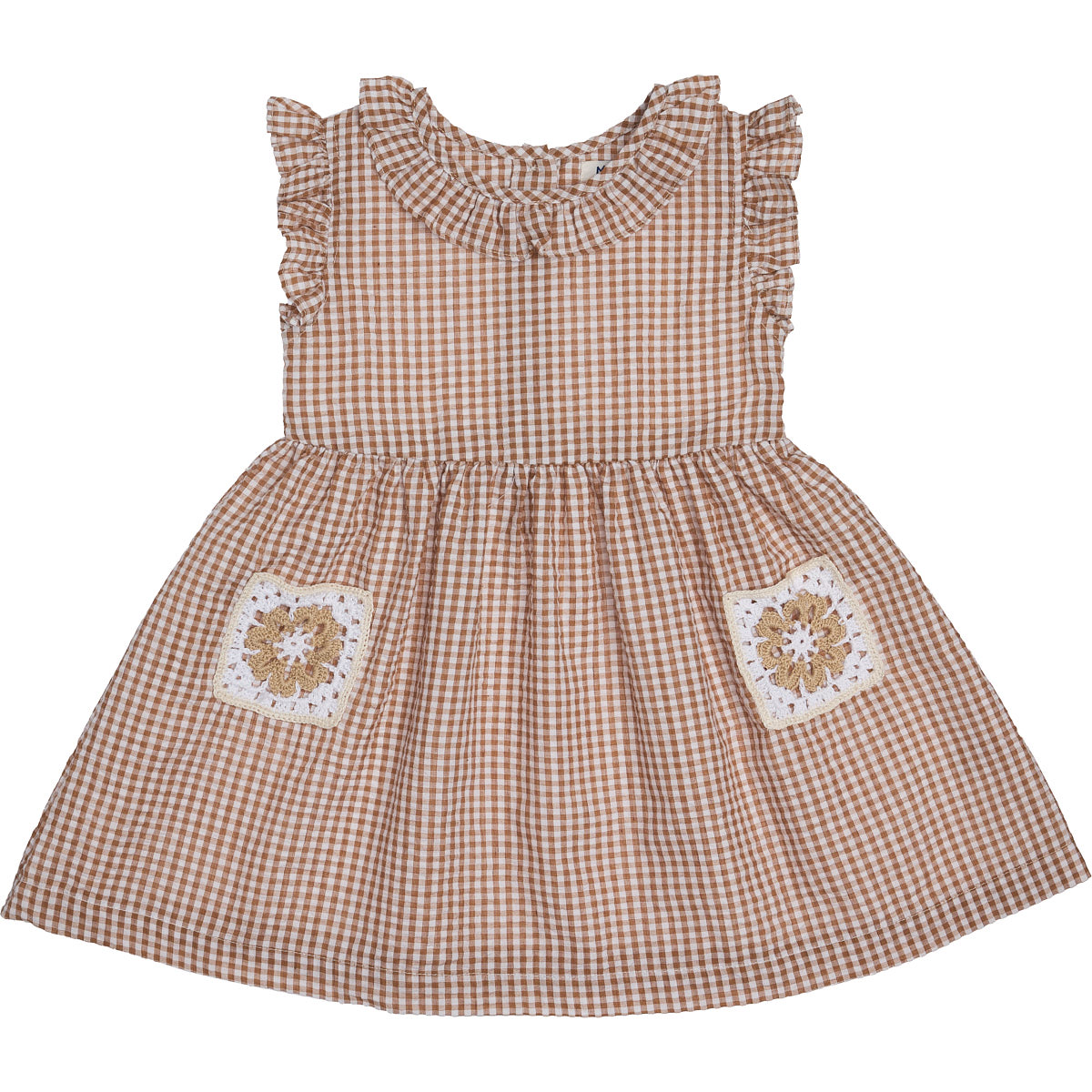 seersucker checks dress with crocheted pockets