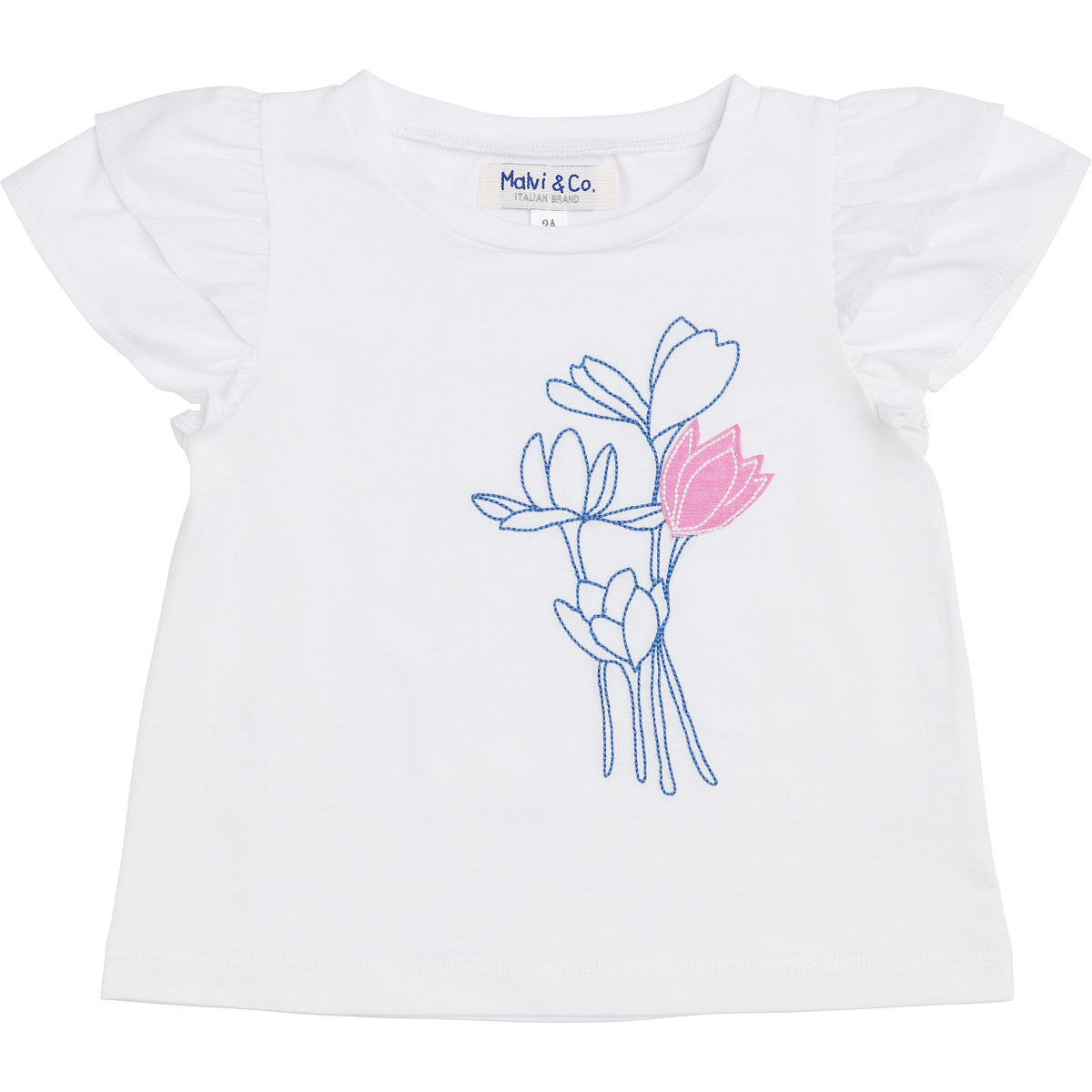 jersey T-shirt with frills on sleeves and flower embroidery/patch