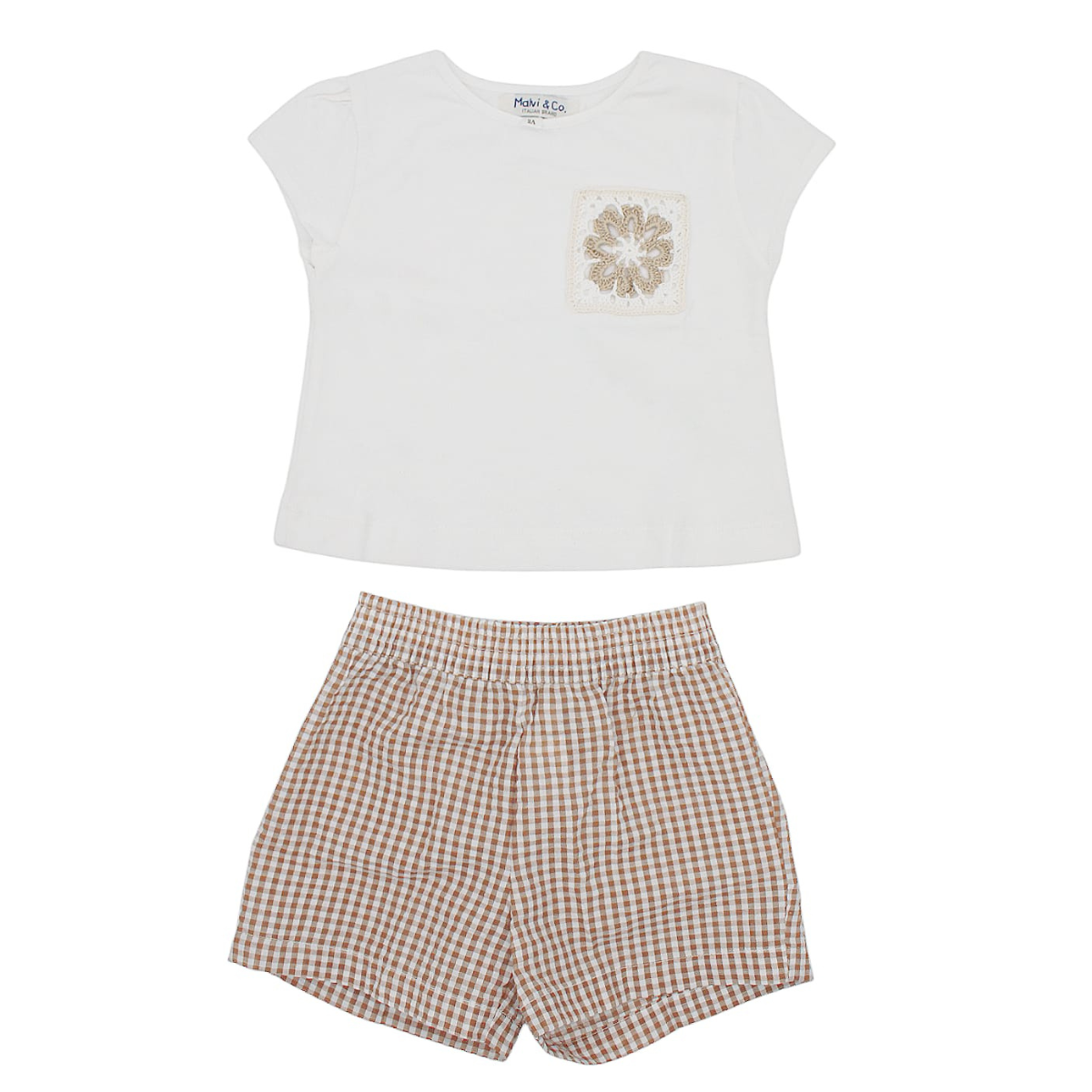 T-shirt with crocheted pocket + seersucker checks shorts
