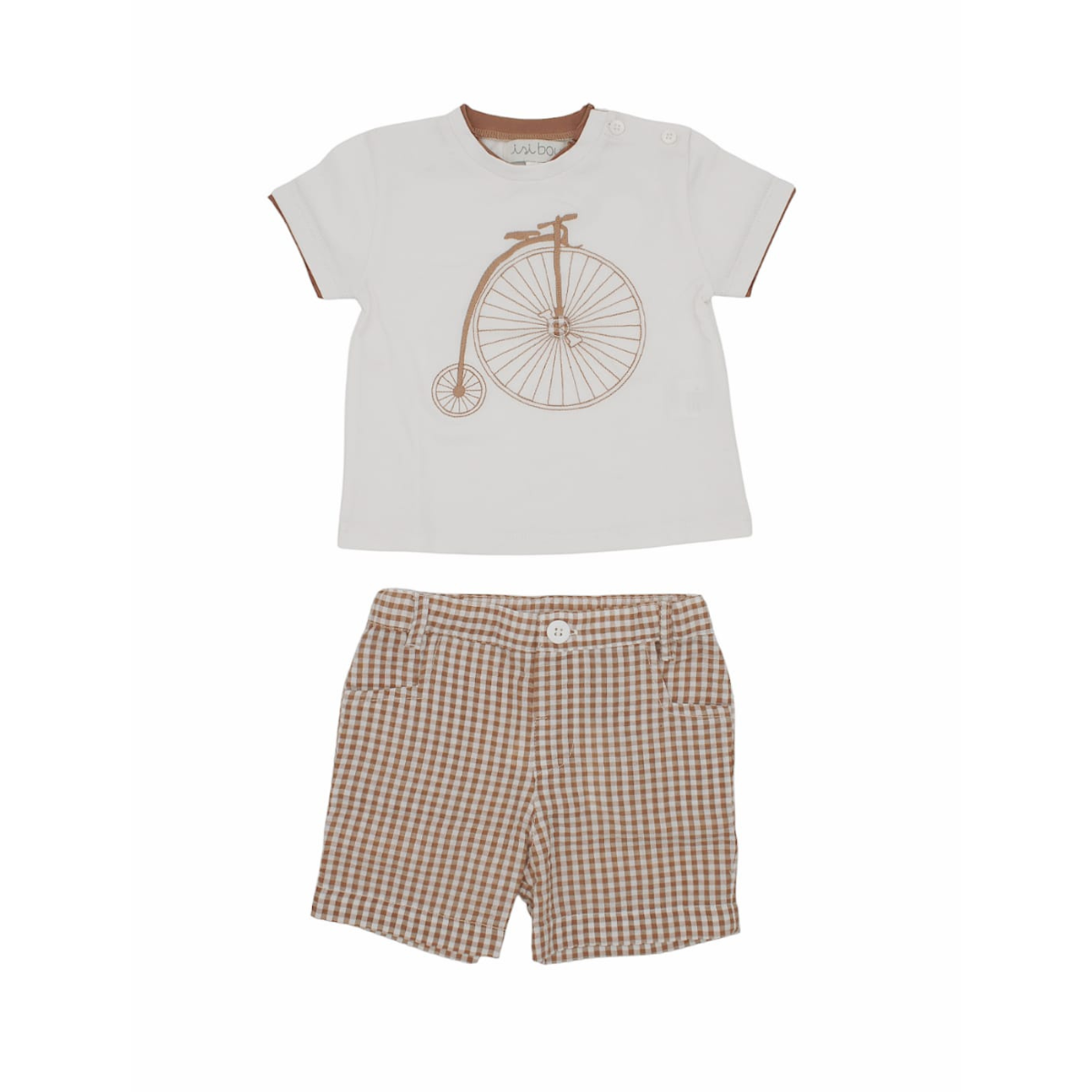 T-shirt with embroidery and bicycle patch + seersucker checks bermuda