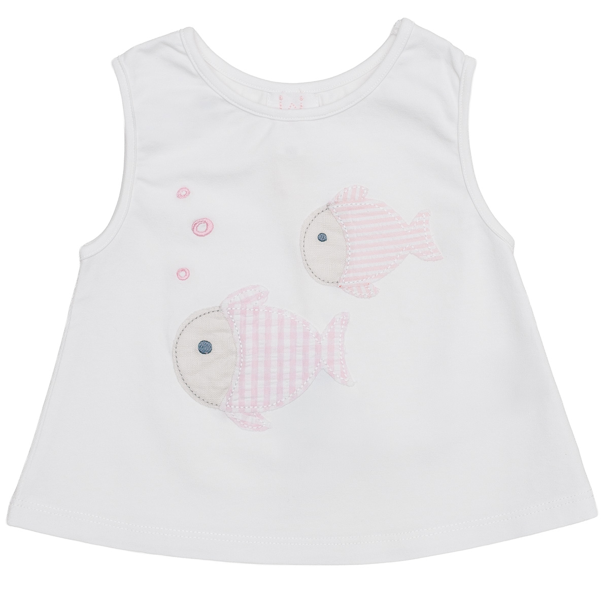 jersey sleeveless T-shirt with seersucker checks and stripes small fish patch