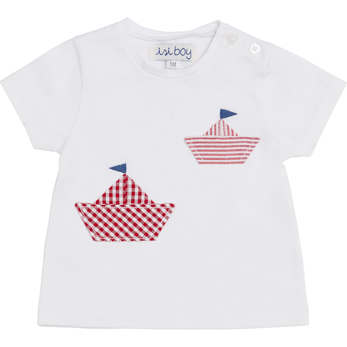 jersey T-shirt with seersucker checks and stripes patch small boat