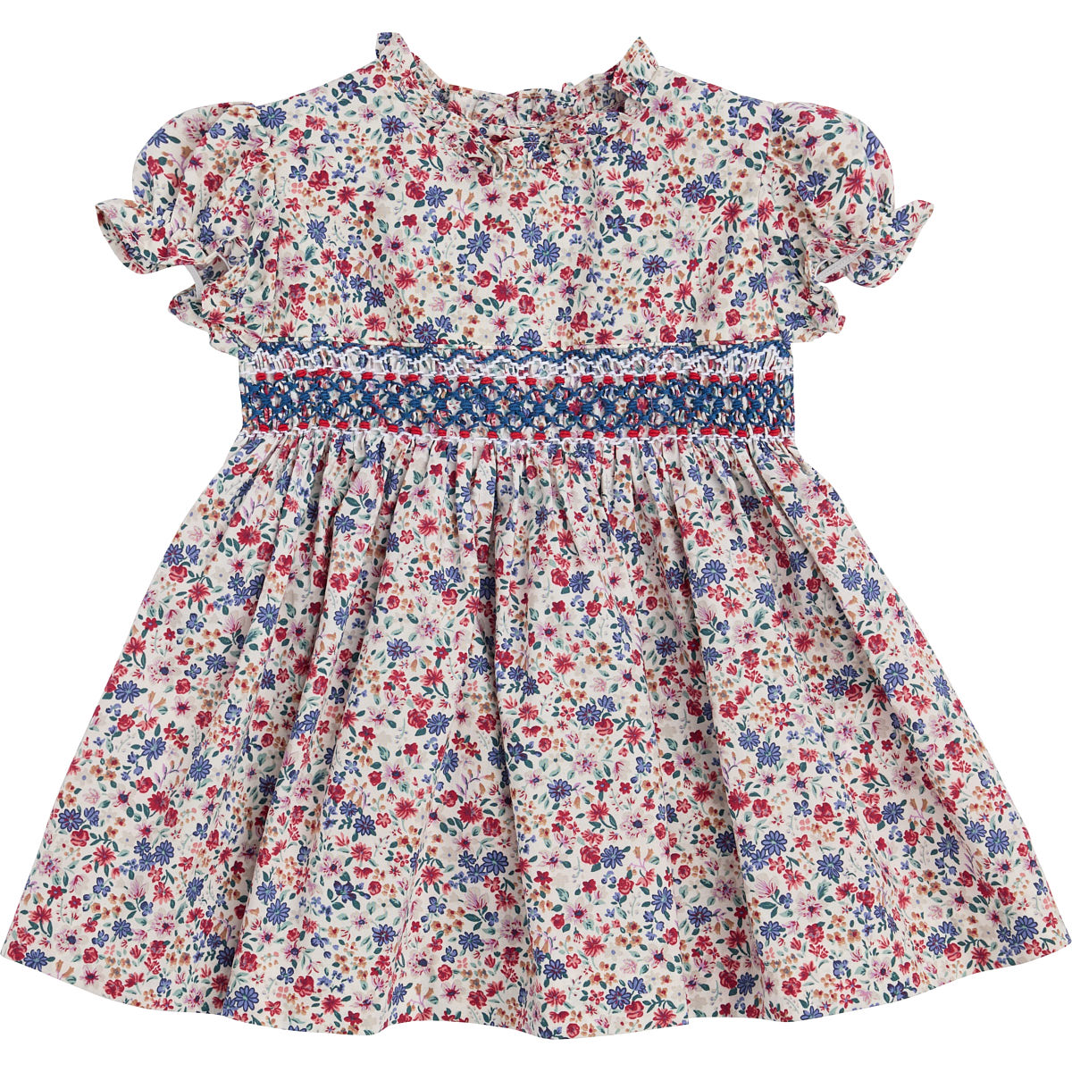 flower fabrics printed dress with smock and SHORT SLEEVES